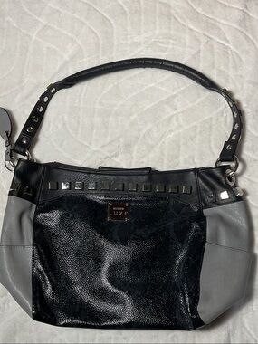 Luxe Black and Gray Stud-Trim Shoulder Bag magnetic